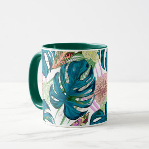 Dark turquoise monstera, delicate peach and yellow mug