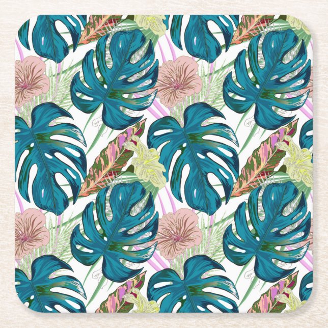 Dark turquoise monstera, delicate peach and yellow square paper coaster (Front)