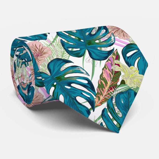 Dark turquoise monstera, delicate peach and yellow tie (Rolled)