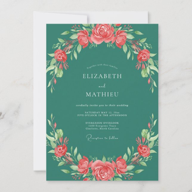 Dark Turquoise Painted Petal Wedding Invitation (Front)