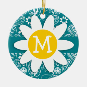 Dark Turquoise Paisley; Daisy Ceramic Tree Decoration