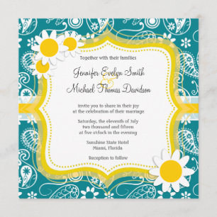 Dark Turquoise Paisley; Daisy Invitation