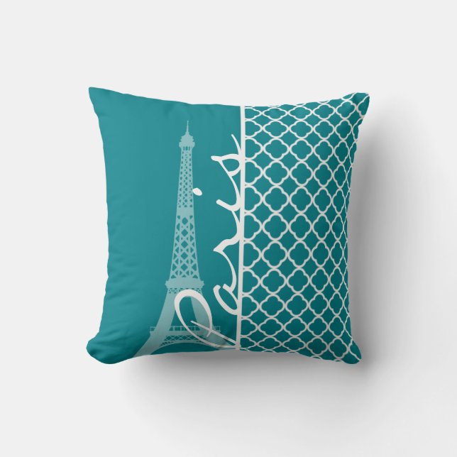 Dark Turquoise Quatrefoil; Eiffel Tower, Paris Cushion (Front)