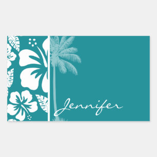 Dark Turquoise Tropical Hibiscus; Palm Rectangular Sticker