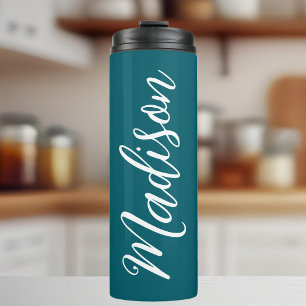 Dark Turquoise White Handwritten Script Custom Thermal Tumbler