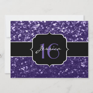 Dark ultra violet glitter sparkles Sweet 16 invite