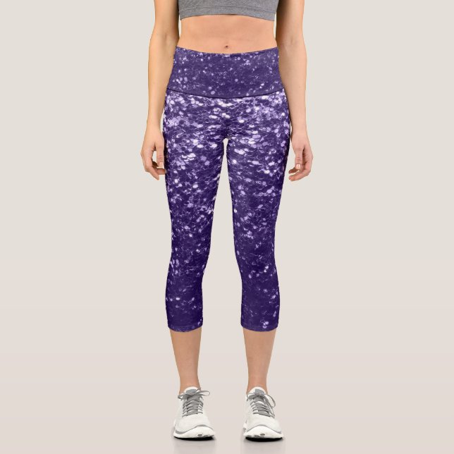 Dark ultra violet purple glitter sparkles capri leggings (Front)