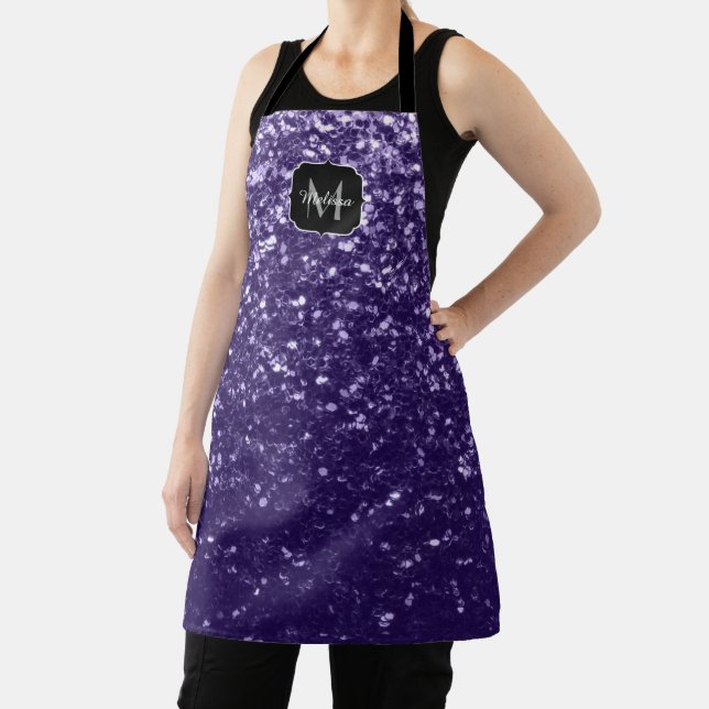 Dark ultra violet purple glitter sparkles Monogram Apron (Insitu)