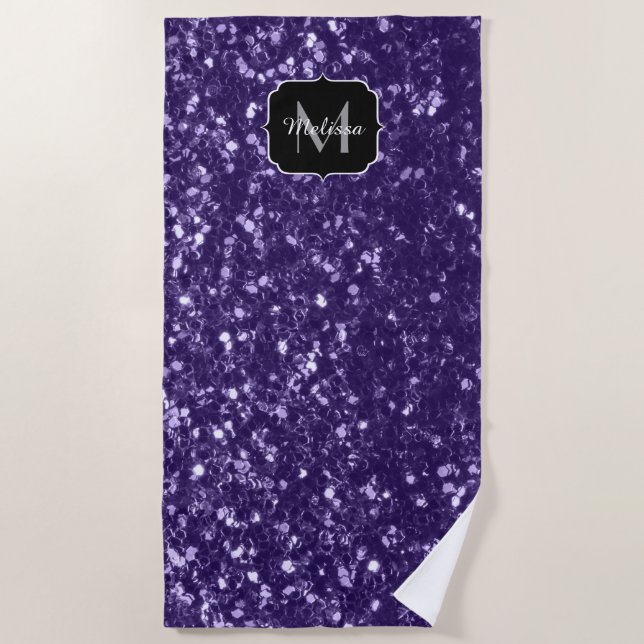 Dark ultra violet purple glitter sparkles Monogram Beach Towel (Front)