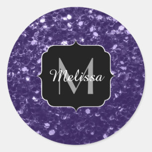 Dark ultra violet purple glitter sparkles Monogram Classic Round Sticker