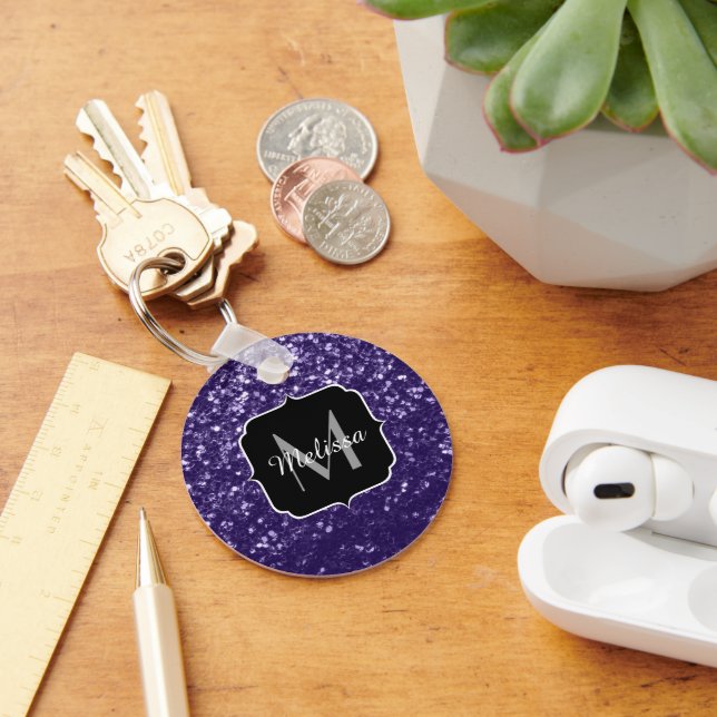 Dark ultra violet purple glitter sparkles Monogram Key Ring (Desk)