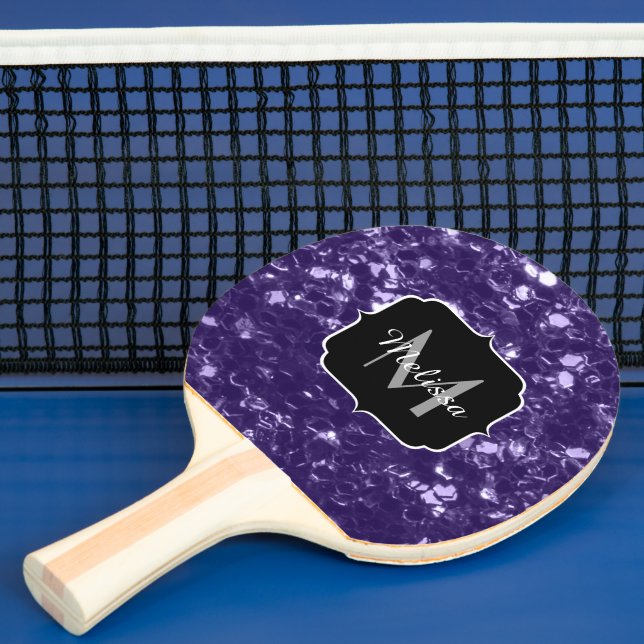 Dark ultra violet purple glitter sparkles Monogram Ping Pong Paddle (Insitu)