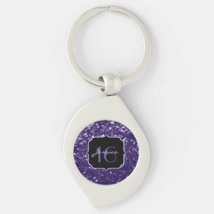 Dark ultra violet purple glitter sparkles Sweet 16 Key Ring
