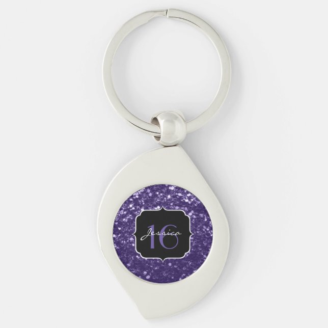 Dark ultra violet purple glitter sparkles Sweet 16 Key Ring (Front)