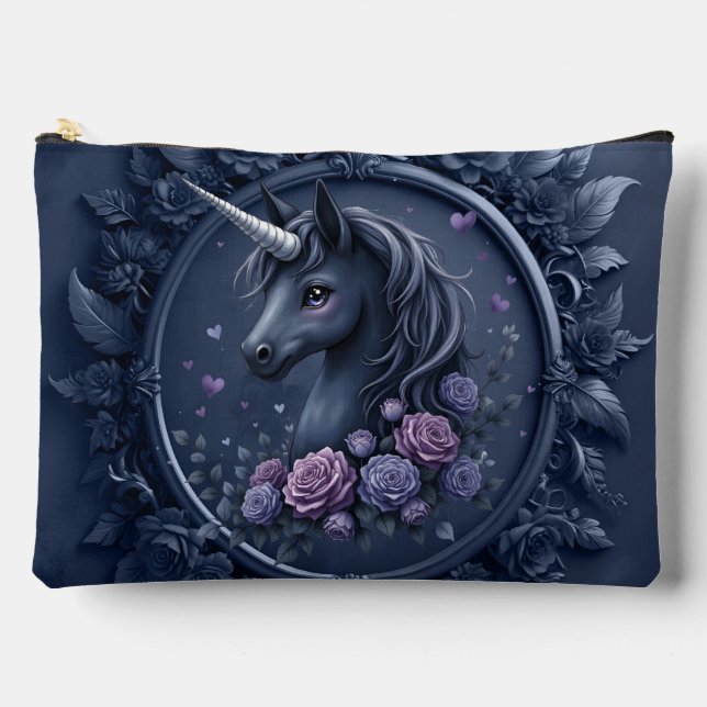 Dark Unicorn Portrait in a Round Frame  Accessory Pouch (Front)
