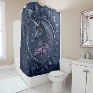 Dark Unicorn Portrait in a Round Frame Shower Curtain