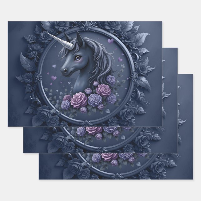 Dark Unicorn Portrait in a Round Frame  Wrapping Paper Sheet (Set)