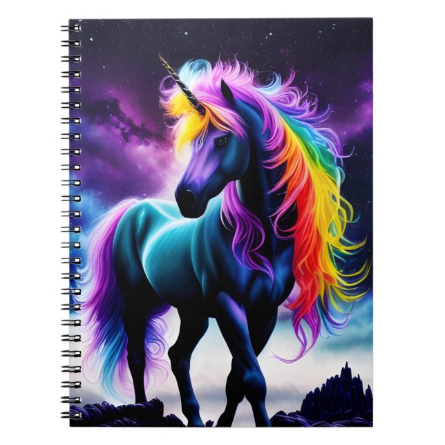 Dark Unicorn with Rainbow Mane Notebook (Front)