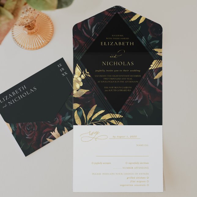 Dark Velvet Burgundy Rose | Autumn Winter Wedding  All In One Invitation (Creator Uploaded)