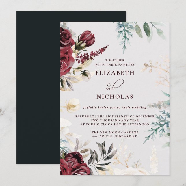 Dark Velvet Burgundy Rose | Autumn Winter Wedding  Invitation (Front/Back)