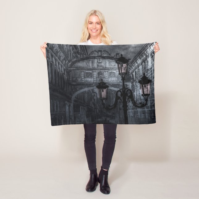 Dark Venice Rain Bridge of Sighs at Night Fleece Blanket (In Situ)