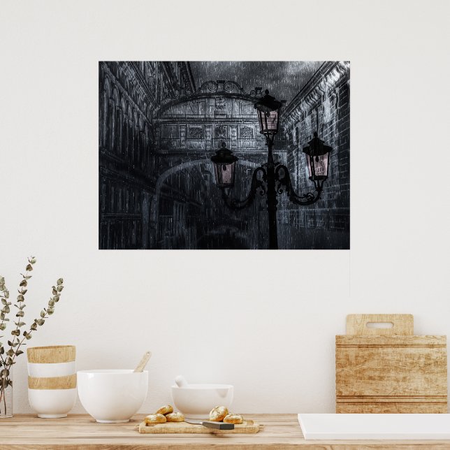 Dark Venice Rain Bridge of Sighs at Night Poster (Kitchen)