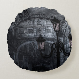 Dark Venice Rain Bridge of Sighs at Night Round Cushion