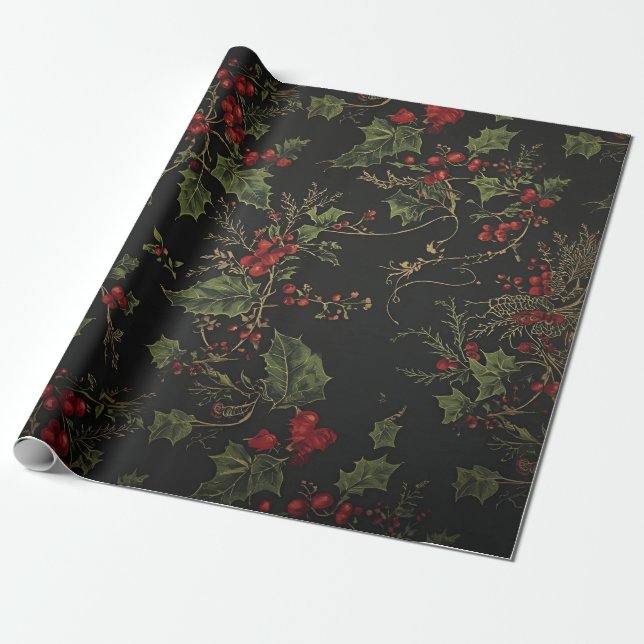Dark Victorian Crimson Berries & Gold Vine Wrappin Wrapping Paper (Unrolled)