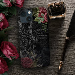 Dark Victorian French Rose Ephemera  iPhone 13 Mini Case<br><div class="desc">Ornate engraved scrollwork,  silver lace,  burgandy roses and french script on shabby black damask background.</div>