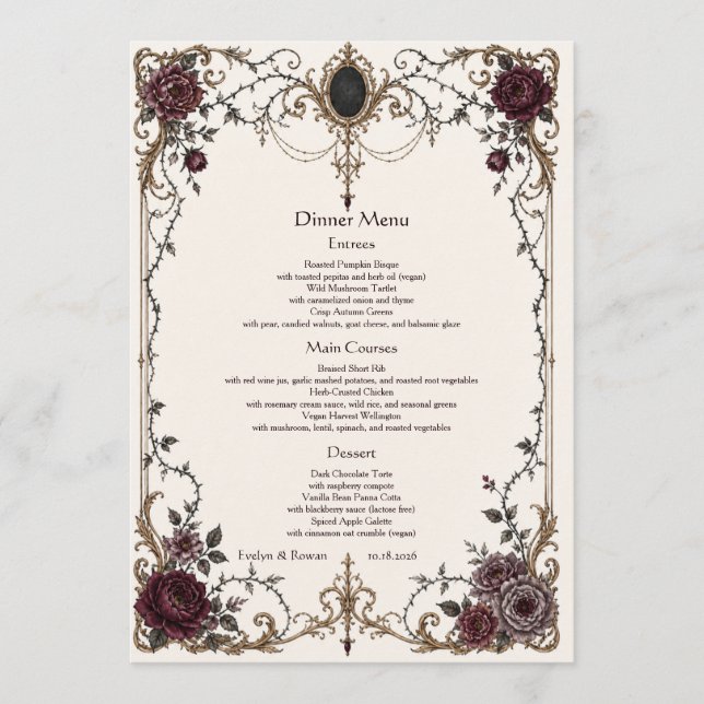 Dark Victorian Gothic Floral Wedding Dinner Menu (Front)