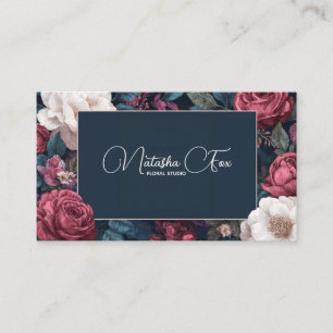 Dark Victorian Rose Floral Navy Blue Frame Business Card
