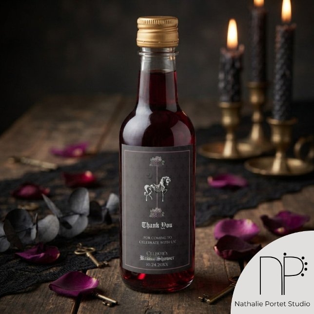 Dark Victorian Skeleton Horse Wedding Wine Label (Dark Victorian Wedding Wine Label with hand-drawn fine-line ink skeleton carousel horse and roses)