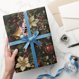 Dark Vintage Christmas Wrapping Paper, Elegant Gol Paper