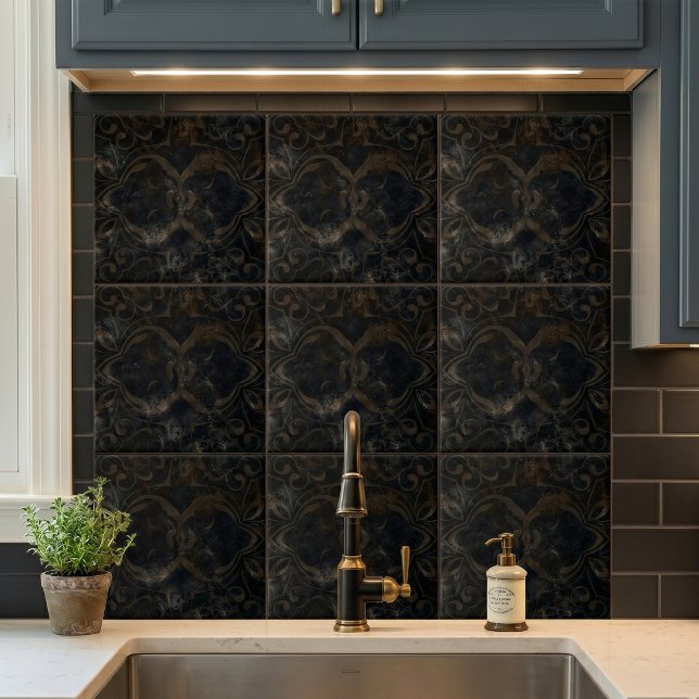 Dark Vintage Distressed Black Marble Damask Tile (Creator Uploaded)