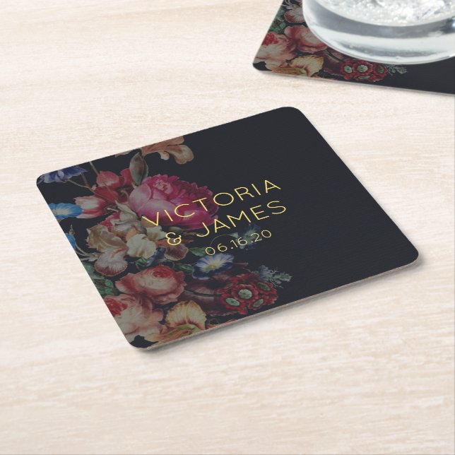 Dark Vintage Floral Personalised Wedding Coasters (Angled)