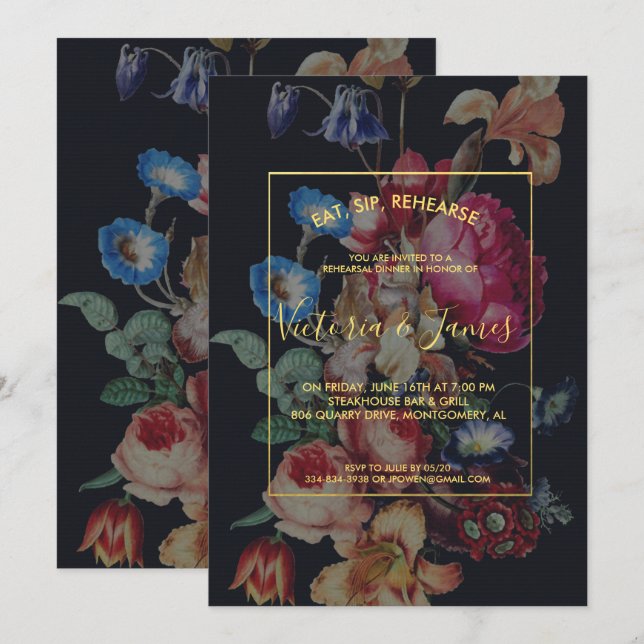 Dark Vintage Floral Rehearsal Dinner Invitation (Front/Back)