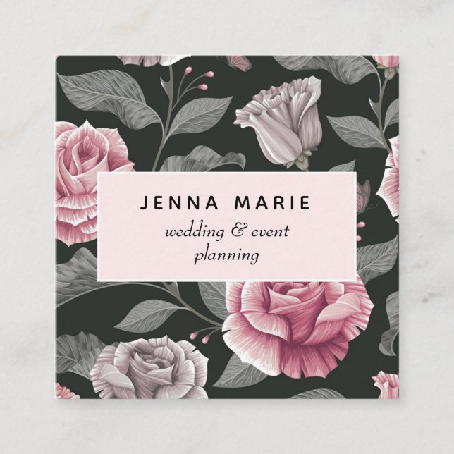 Dark Vintage Floral Square Business Card (Front)