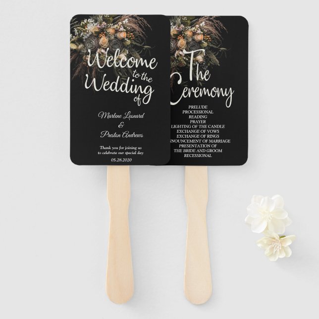 Dark vintage Floral Wedding Hand Fan (Front and Back)