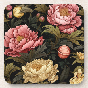 Dark Vintage Peony Floral Patterned Coaster