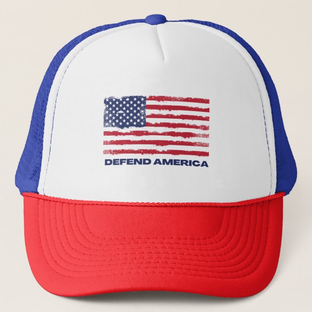 Dark Vintage USA Flag Defend America Trucker Hat (Front)