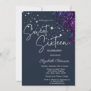 Dark Violet Glitter Drips, Stars Blue Sweet 16  Invitation