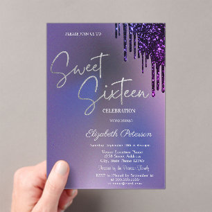 Dark Violet Glitter Drips Violet Sweet 16  Acrylic Invitations