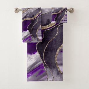 Dark Violet Marble Agate Gold Glitter Glam #1  Bath Towel Set
