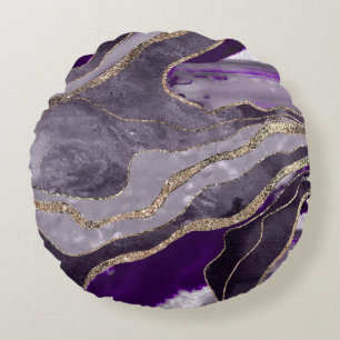 Dark Violet Marble Agate Gold Glitter Glam #1  Round Cushion