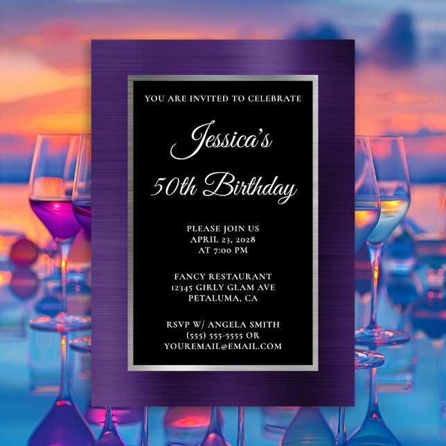 Dark Violet Purple Silver Foil Black 50th Birthday Invitation (Dark Violet Silver and Black Any Year Birthday Invitation)
