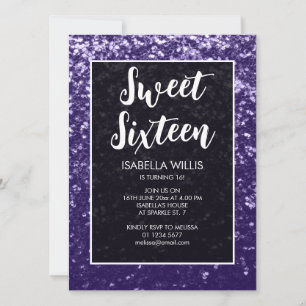 Dark violet purple sparkle Sweet 16 elegant script Invitation