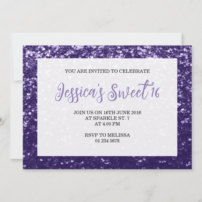 Dark violet purple sparkle Sweet 16 elegant script Invitation (Front)