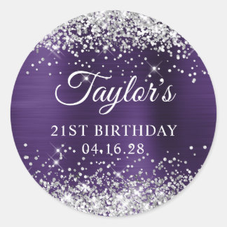 Dark Violet Silver Glittery Foil 21st Birthday Classic Round Sticker
