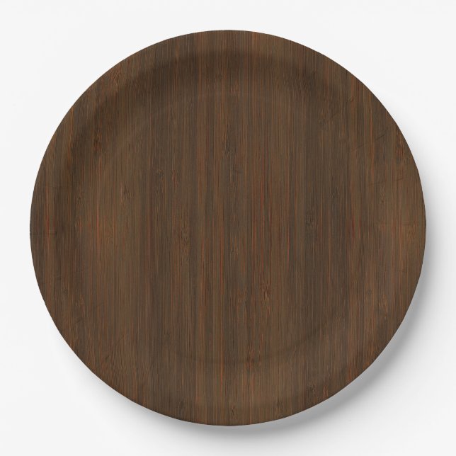 Dark Walnut Brown Bamboo Wood Grain Look Paper Plate (Front)