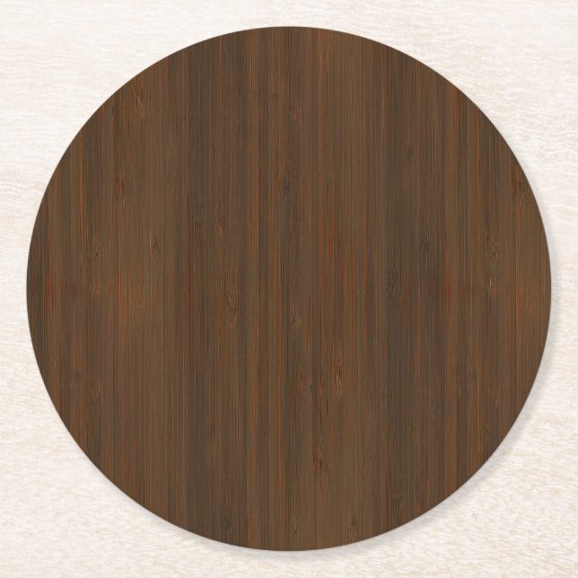 Dark Walnut Brown Bamboo Wood Grain Look Round Paper Coaster (Front)